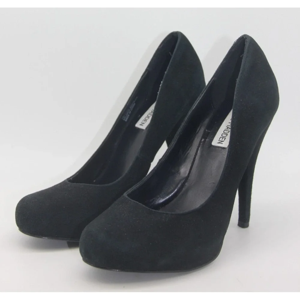 Steve Madden Black Suede Trinitie Heels 7M Platform Glam Night Out Statement Y2K